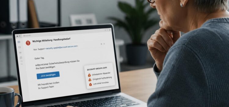 KI-Phishing erkennen – wenn Betrugsnachrichten plötzlich echt wirken Frau sitzt vor Bildschirm mit Alarmmeldung - Ki generiert